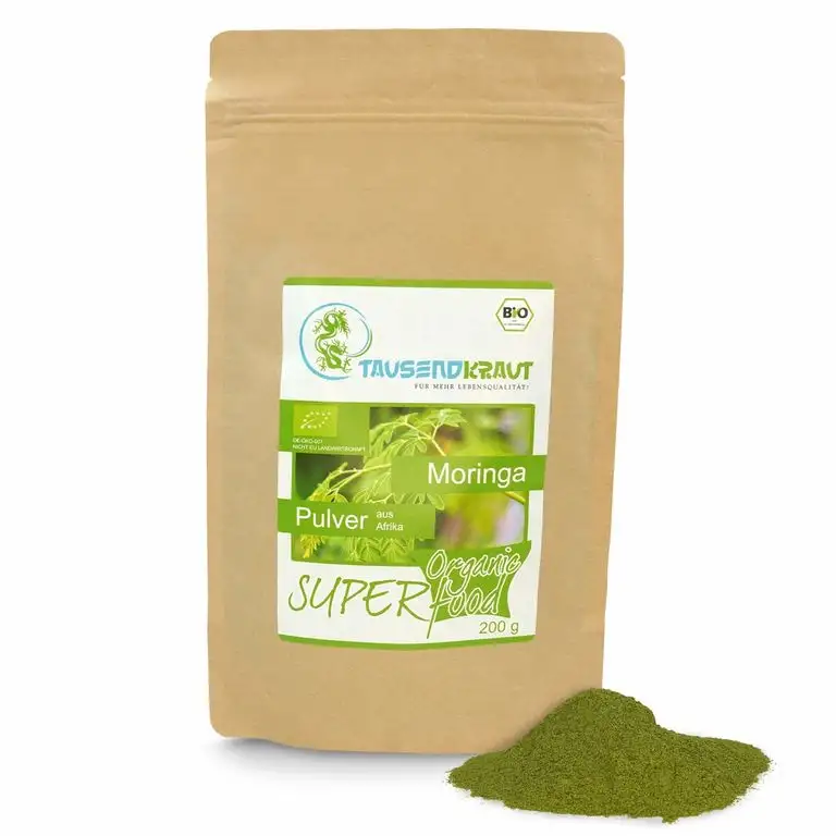 Tausendkraut PREMIUM Moringa Blattpulver - 200g - Superfood - Hohe Produktsicherheit - BIO-zertifiziert - Fairer Anbau und Handel - Nachhaltig und natürlich - Moringa - Deutsches Unternehmen