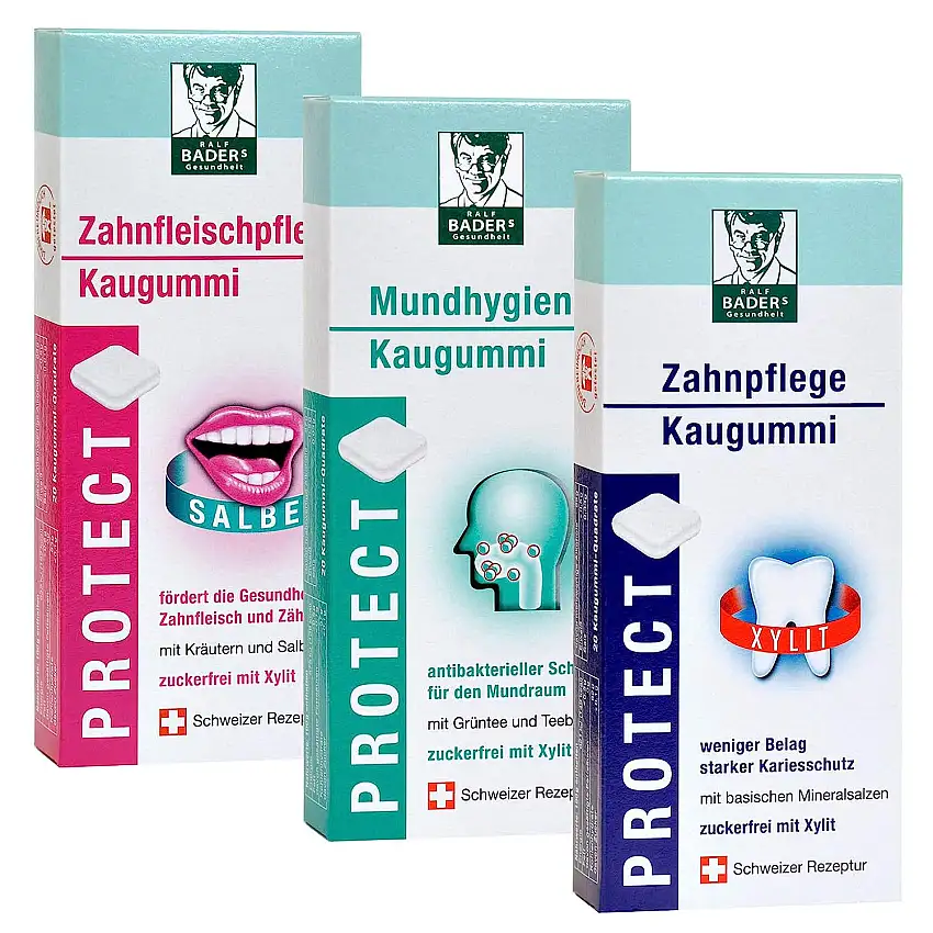 BADERs PROTECT Funktions-Kaugummi aus der Apotheke. Drei Sorten. Mundhygiene, Zahnpflege und Zahnfleischpflege. 3 x 20 Kaugummi-Quadrate im Blister.