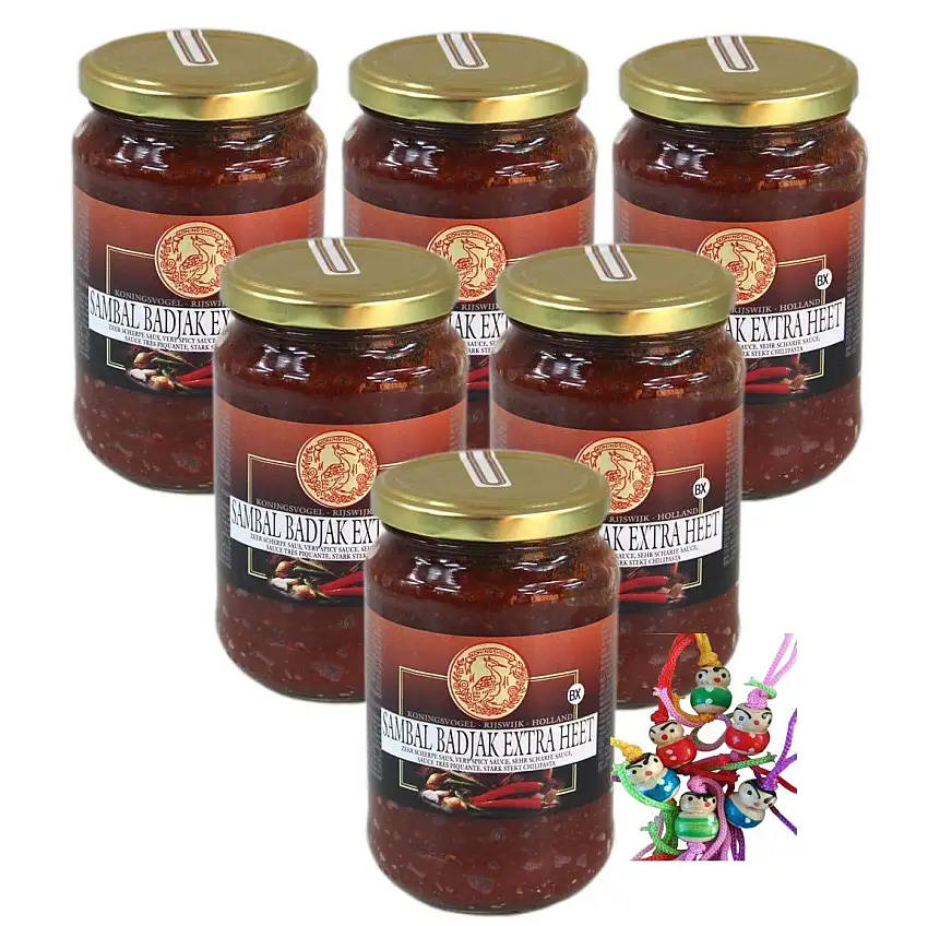 [ 6x 375g ] KONINGSVOGEL Sambal Badjak Extra Heet/Sehr scharfe Sauce + ein kleines Glückspüppchen - Holzpüppchen