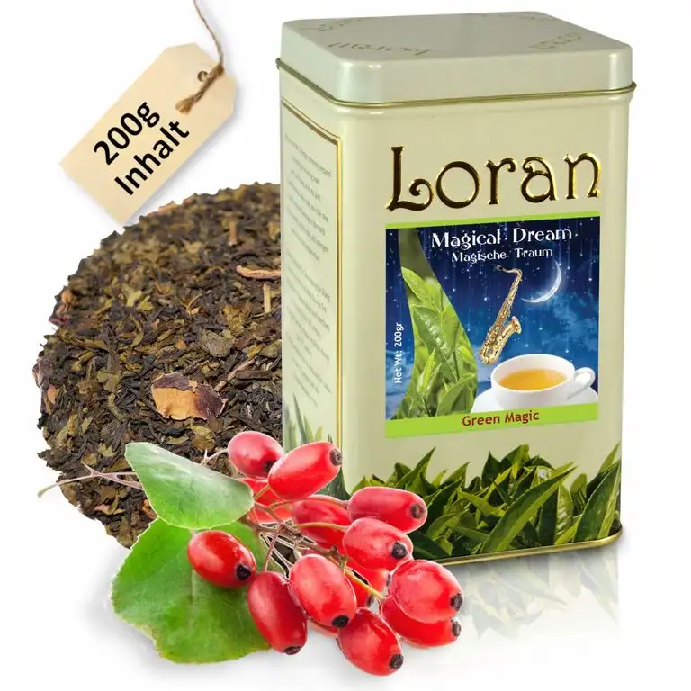 LORAN - Schwarzer Tee und Grüner Tee mit Berberitze und Rosenblumenblüten 200g lose, 100 Tassen, Premium Qualität, Ceylon Tee Schwarz-grüne Teemischung Magical Dream, in Tee Dose