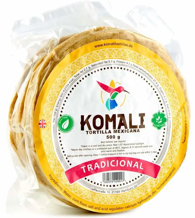 Tortilla aus Nixtamalisiertem Maismehl, Durchmesser 15cm, Herkunftsland EU, Pack mit 15-20 Einheiten - Tortilla KOMALI Tradicional Amarilla, 500g