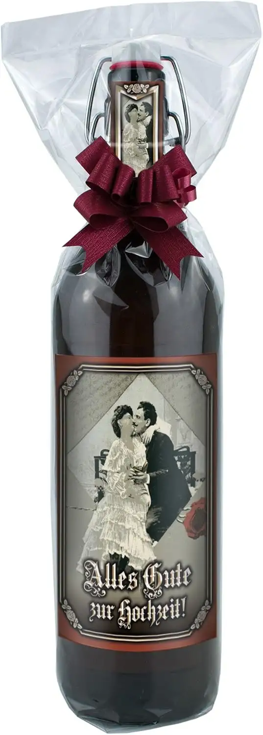 Alles Gute zur Hochzeit - 1 Liter Flasche Bier mit Bügelverschluss in Folie und Schleife verpackt als Geschenk