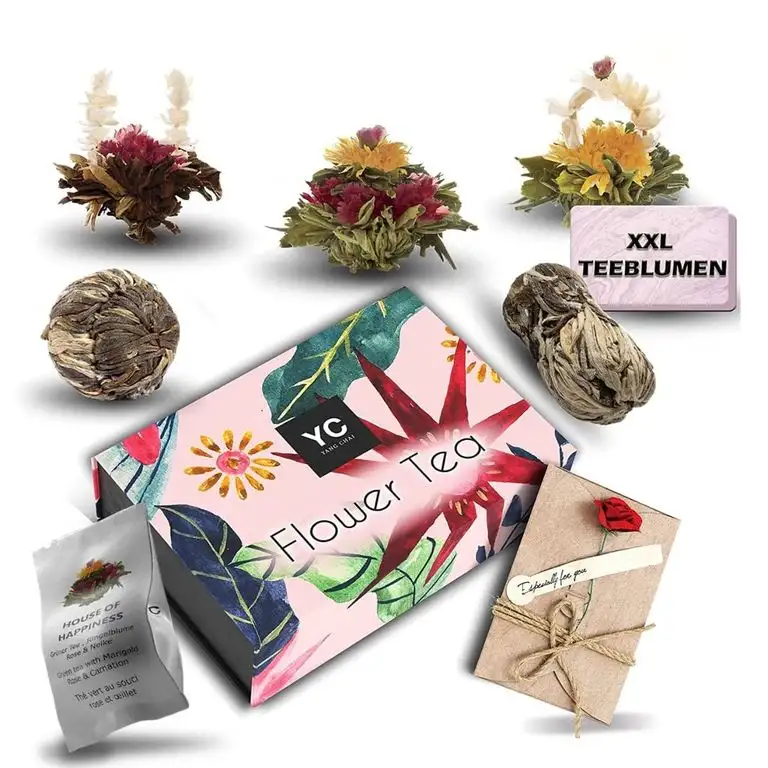 Yang Chai Teeblumen geschenkset Tee Geschenk Symbiosis im 6er Pack – einein edles Geschenk für Frauen Teeblüten das ideale Tee Geschenkset für Teeliebhaber in stabiler Metalldose mit Teerosen Halter