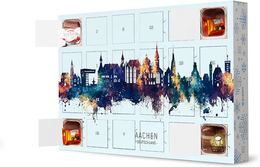 artboxONE Adventskalender mit Pralinen von Ferrero Aachen Germany Skyline BlueOrange Adventskalender Städte