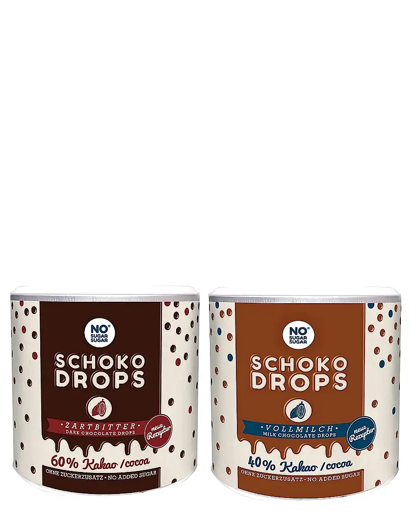NO SUGAR SUGAR Schokodrops Vollmilch & Zartbitter Schokolade mit 36% & 80% Kakaoanteil (je 250g) Hergestellt in Belgien ohne Zuckerzusatz, gesüßt mit Erythrit+Stevia