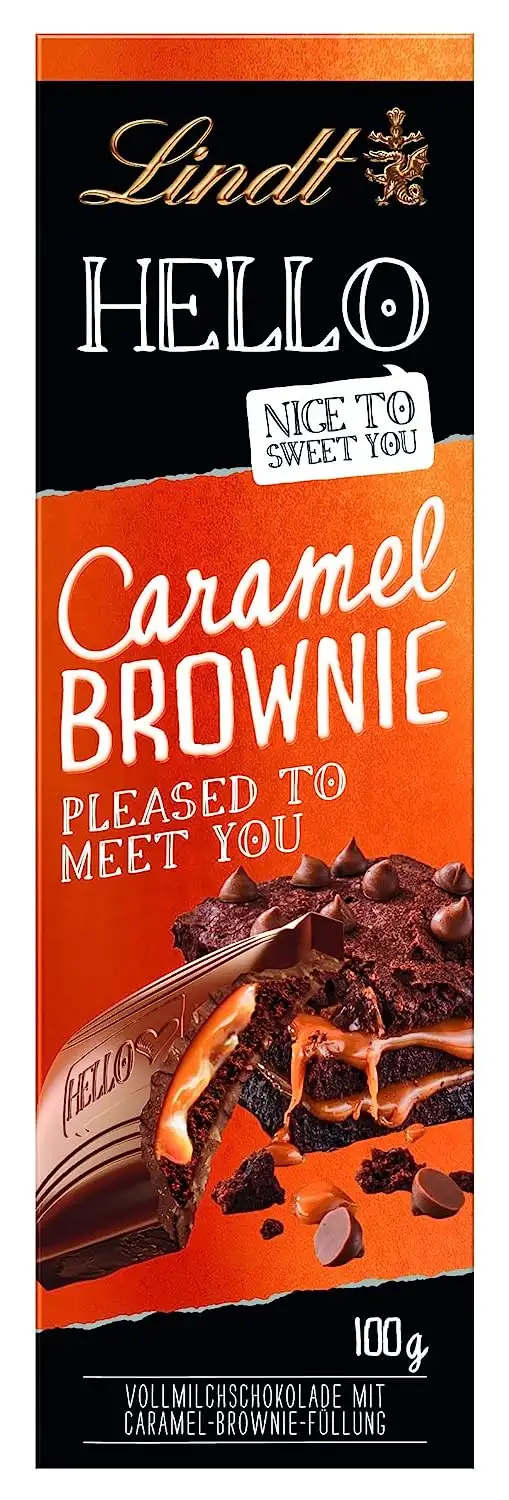 Lindt Schokolade HELLO Caramel Brownie | 100 g Tafel | Vollmilch-Schokolade mit Karamell-Brownie-Füllung | Schokoladentafel | Schokoladengeschenk