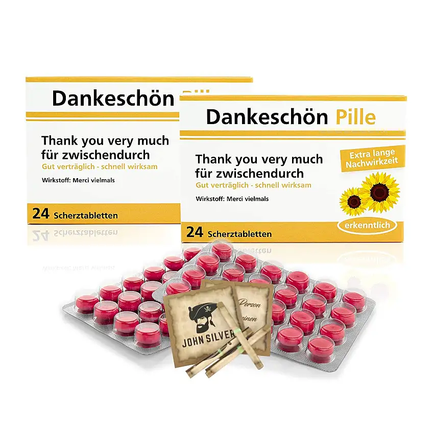 Lustige Pillen DANKESCHÖN Pille 2er Set, als Geburtstagsgeschenk. Spaß, Anti Stress, gute Laune, Junggesellenabschied Mann und Frau. mit John Silver® Orakelsprüchen