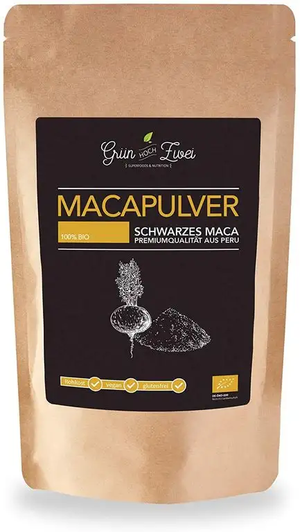 Bio Maca Pulver schwarz 200 g Premium Auslese von GrünHochZwei | Superfood in kontrollierter Qualität aus Südamerika (Peru) | schwarzes Maca -"Männermaca" mit vielen Vitamine und Spurenelemente