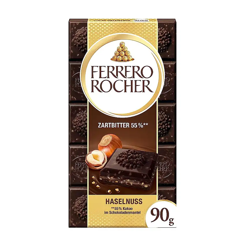 Ferrero Rocher Tafel Zartbitter – Gefüllte Halbbitterschokolade mit Haselnusscreme und Haselnuss-Stückchen, 90 g