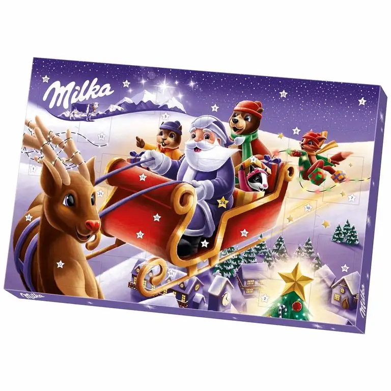 Milka Adventskalender 1 x 200g, Mit Schokoladenfiguren mit Milchcrèmefüllung, Zwei zufällige Designs