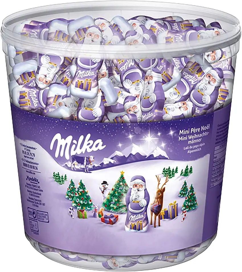 Milka Mini Weihnachtsmänner 1 x 1540g, Alpenmilch Schokolade, Milchcrème und Noisette, Klarsichtdose (1er Pack)