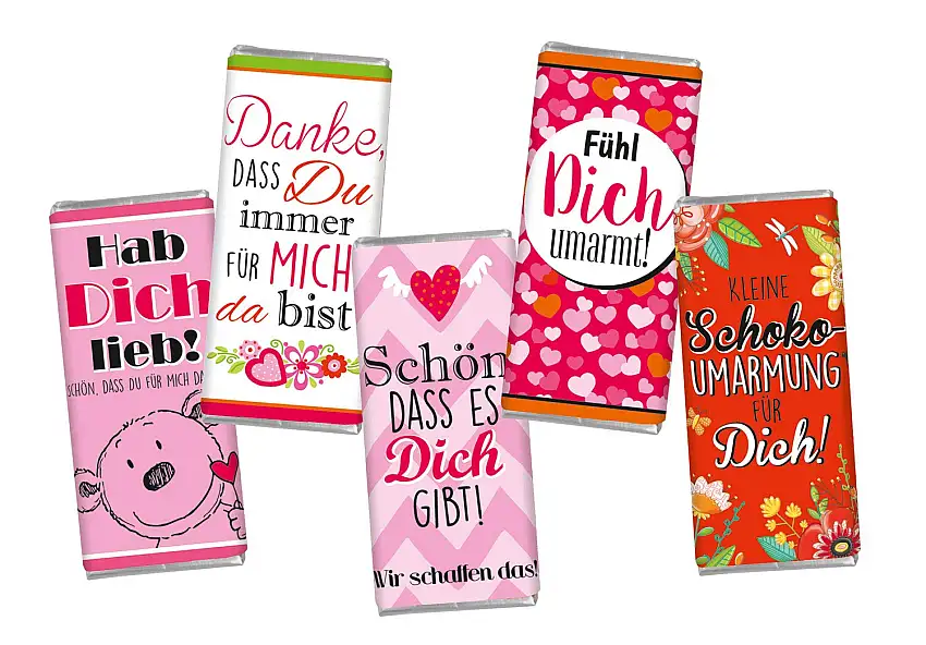 STEINBECK Mini Schokolade 5er Set Fühl dich umarmt Danke Hab dich lieb Schokoumarmung Tafel Geschenk Mitbringsel Adventskalender Befüllung