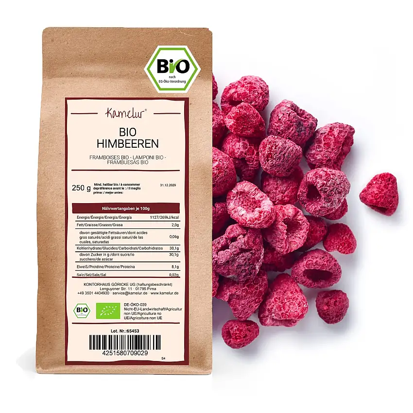 Kamelur Bio Himbeeren gefriergetrocknet - 250g - Himbeeren Bio ohne jegliche Zusätze