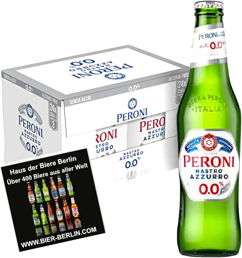 12 x 0,3l Peroni Nastro Azzuro 0,00% Vol - Italiens beliebtes Lager Bier - Jetzt auch als alkoholfreie Version- inklusive Original Haus der Biere Berlin Bierdeckel