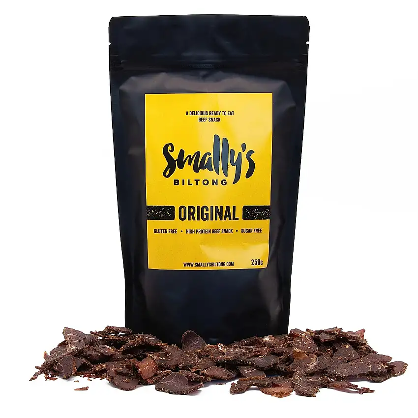 Smally’s Biltong Original | Proteinreicher Rindfleischsnack | Essfertig | Glutenfrei | fettarm | Ohne Zuckerzusatz | Keine künstlichen Farb- oder Geschmacksstoffe | 250g Packung