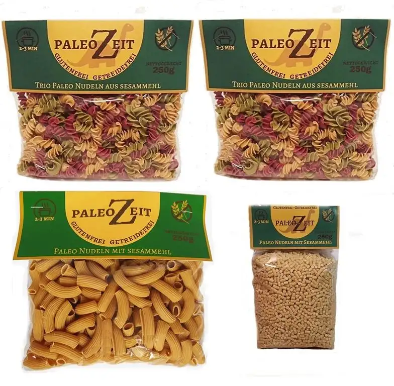 4x PALEO Nudeln Kohlenhydraten-reduzierte Pasta GLUTENFREIE Nudeln Gourmet Delikatesse 4x 250g (4x Sesammehl 2 verschiedene Formen)