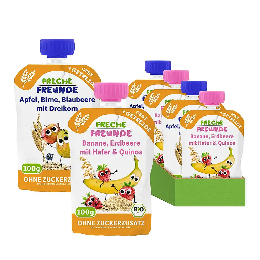 FRECHE FREUNDE Bio Quetschie, 6x Apfel, Birne, Blaubeere, Dreikorn & 6x Apfel, Erdbeere, Himbeere mit Grieß & Hafer, Fruchtmus im Quetschie, für Kinder & Babys ab 6 Monaten, 2x 6er Pack (12 x 100g)