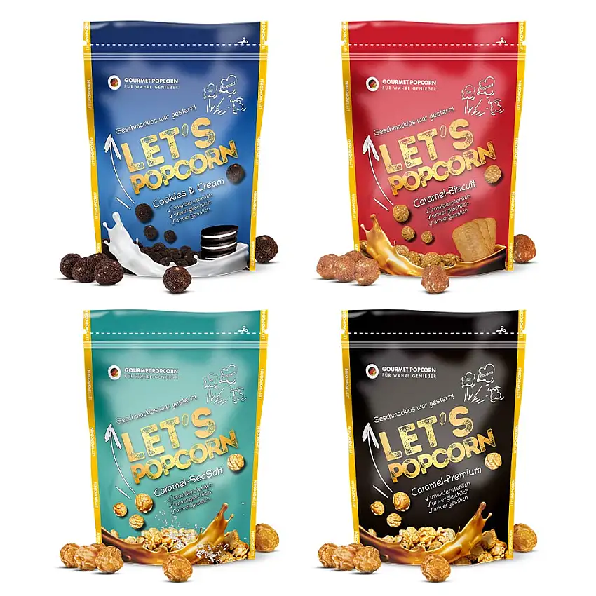 Let's Popcorn 4er Pack, Cookies&Cream, Lotus Biscuit, SeaSalt und Karamell, Geschmack. Das leckerste Gourmet Popcorn
