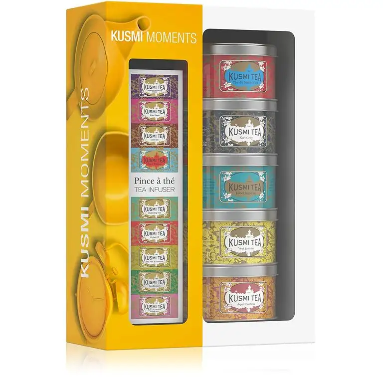 Kusmi Tea – Geschenkset Moments mit 5 Minidosen + Teezange – Auswahl aromatisierter Tees – Schwarztees, Earl Grey und der exotische Früchtetee Mischung AquaExotica – 5 x 25 g Metalldosen