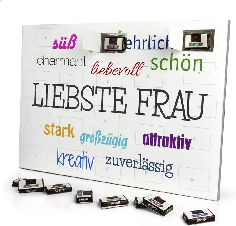 printplanet - Adventskalender mit Namen Liebste Frau - gefüllt mit Schokoladen-Füllung - personalisiert mit Namens-Motiv Positive Eigenschaften - Schoko-Kalender, Weihnachtskalender, Namenskalender