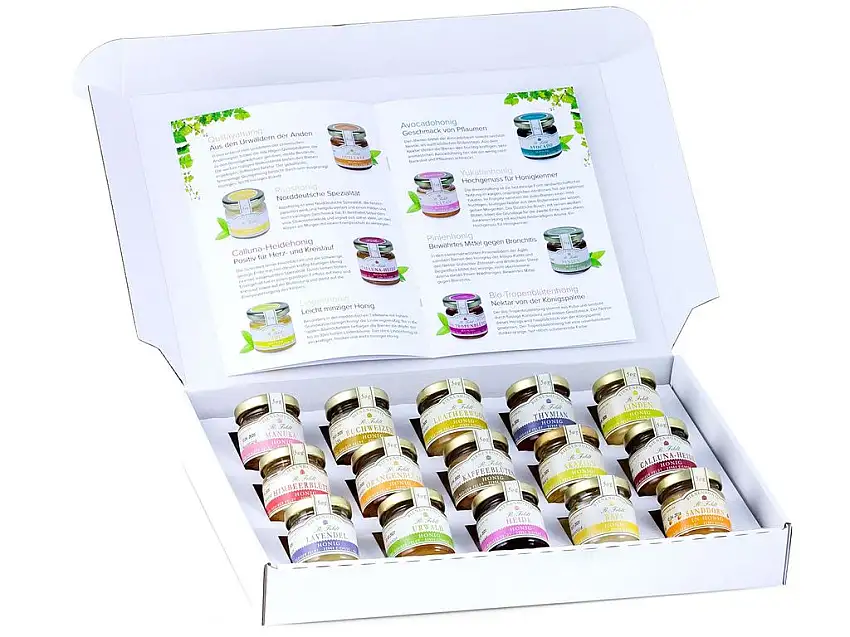 Honig Geschenk-Set "15 Sorten aus aller Welt", mit Manuka-Honig, Buchweizen-Honig, Leatherwood-Honig und Thymian-Honig (15 x 50g)