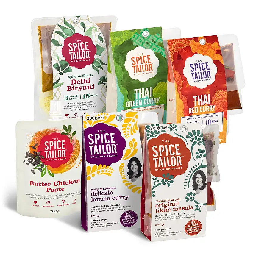 The Spice Tailor - Asian & Indian Curry Sauce Variety Pack, einschließlich Thai Green & Thai Red Curries, Tikka Masala, Korma & Biryani, Vegetarisch - Fakeaway Bundle