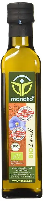 manako BIO Leinöl human, kaltgepresst, 100% rein, 2 x 250 ml Glasflaschen (2 x 0,25 l)