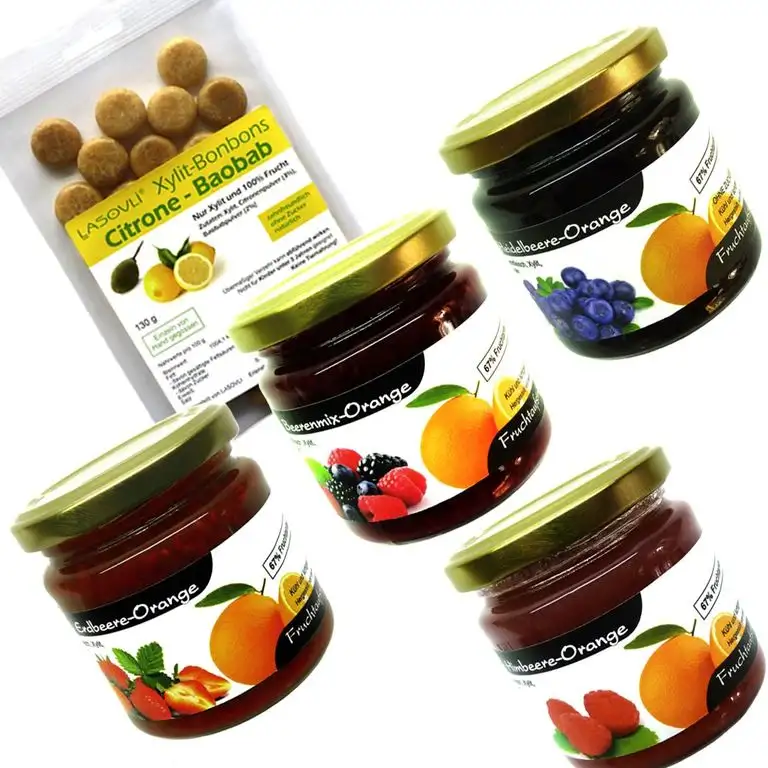 Xylit Fruchtaufstriche im Bonus-Set Nr. 2"Orangenvariationen" (4 Gläser), 1 Beutel Xylit-Bonbons Citrone-Baobab im Wert von 4,99 Euro gratis