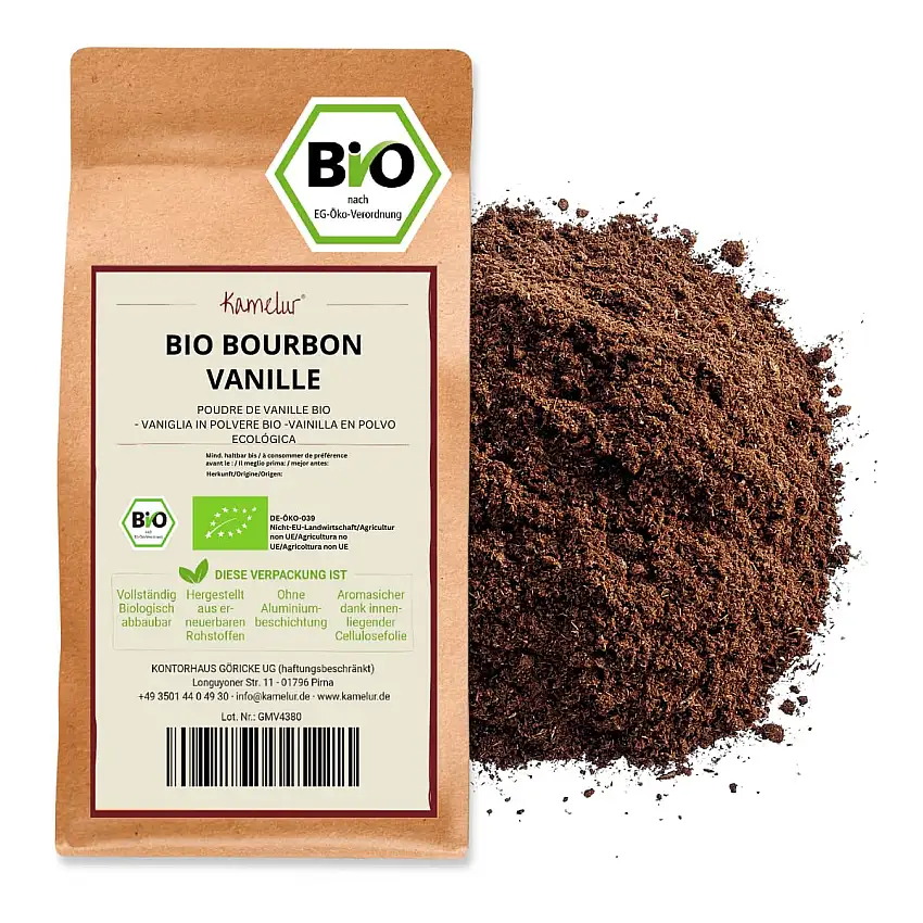 Kamelur 20g Echte BIO Bourbon Vanille gemahlen aus Madagaskar - aromatisches BIO Bourbon Vanille Pulver, ohne Zusätze - Vanillepulver in biologisch abbaubarer Verpackung