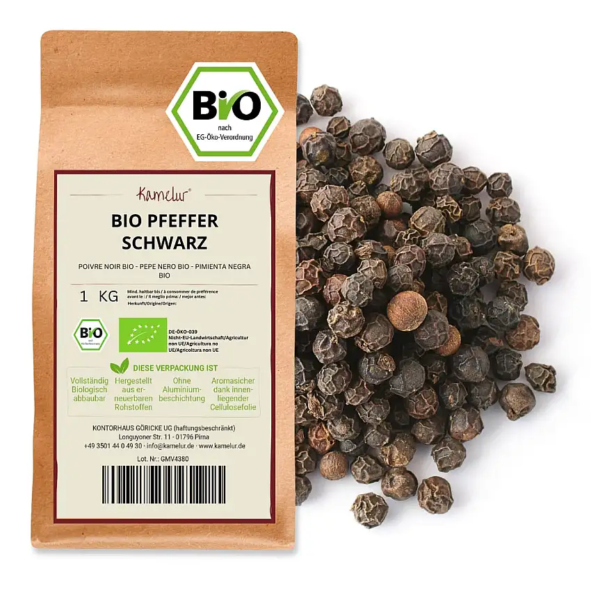 Kamelur 1kg BIO Schwarzer Pfeffer Ganz aus Sri Lanka - Aromatische Bio Pfefferkörner für die Mühle - verpackt in biologisch abbaubarer Verpackung