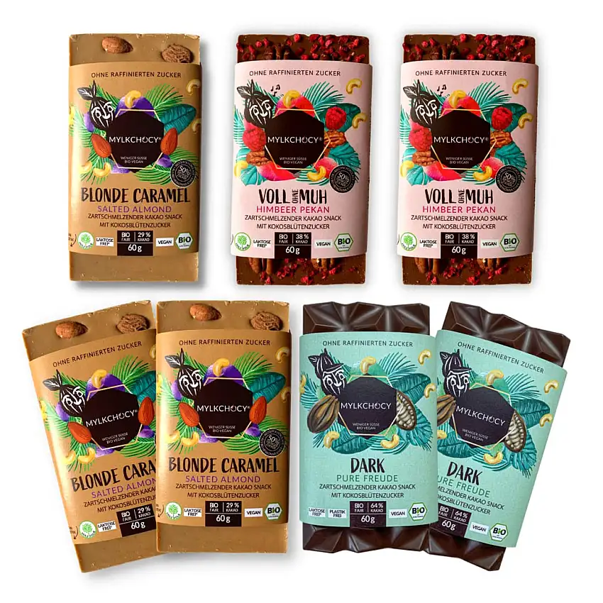 MYLKCHOCY Probierset Schokolade 7 Tafeln 7 Sorten | ohne raffinierten Zucker | zuckerfrei | zuckerreduziert -50% Süße | Bio | Vegan | Fairer Kakao
