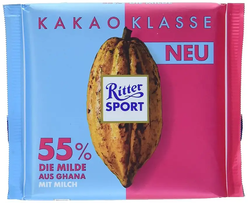 RITTER SPORT Kakao-Klasse: Die Milde 55 % aus Ghana (12 x 100 g), dunkle Milchschokolade mit edlem Kakao aus Ghana, mit einem Hauch Vollmilch, Kakaogehalt: mind. 55 %