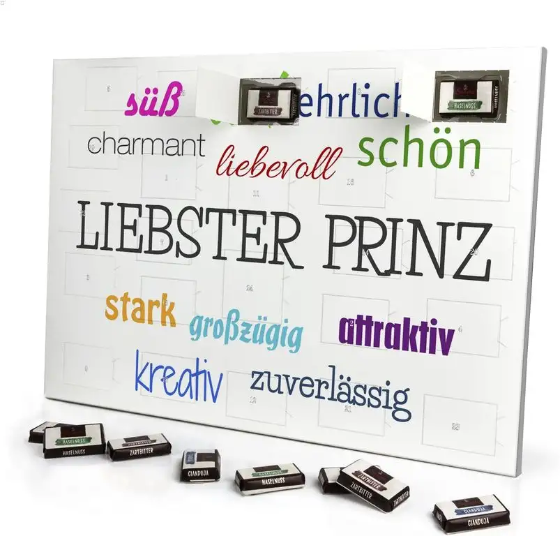 printplanet - Adventskalender mit Namen Liebster Prinz - gefüllt mit Schokoladen-Füllung - personalisiert mit Namens-Motiv Positive Eigenschaften - Schoko-Kalender, Weihnachtskalender, Namenskalender