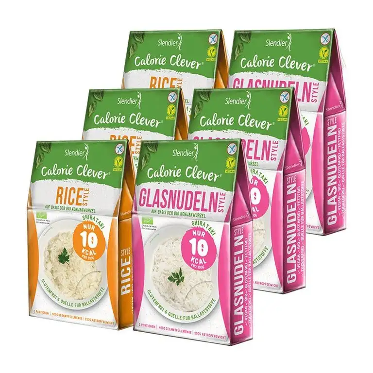 6 x Slendier Bio Konjak Nudeln, Probierpaket Energie, 3 x Glasnudel-Style 250 g + 3 x Rice-Style 250 g, Shirataki Nudeln, Bio-Qualität