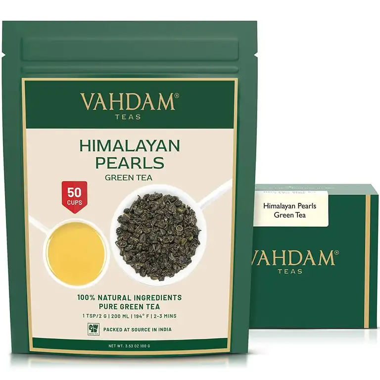 VAHDAM, Himalayan Pearls Grüne Teeblätter | 100gm (40+ Becher) | Reines Grüntee Loose Leaf | Green Tea | Natürlicher Detox Tee, Abnehmen Tee, Abnehmen Tee Gebraut als heißer Tee oder Eistee