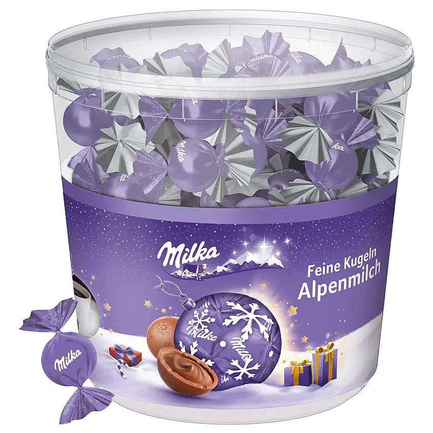 Milka Feine Kugeln Alpenmilch 1 x 900g, 100 Schokokugeln mit Alpenmilch Füllung, Klarsichtdose