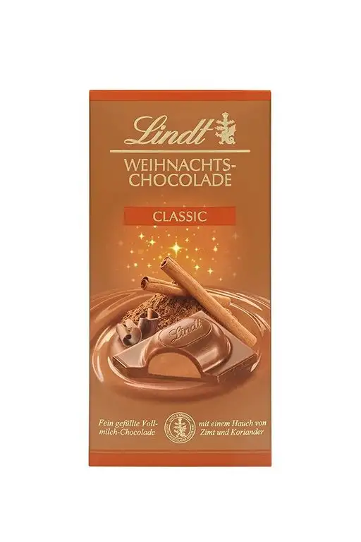 Lindt Weihnachts-Schokolade, Gefüllte Vollmilch-Schokolade mit Nusscrème (44%) und einem Hauch von Zimt und Koriander, 4er Pack (4 x 100 g)