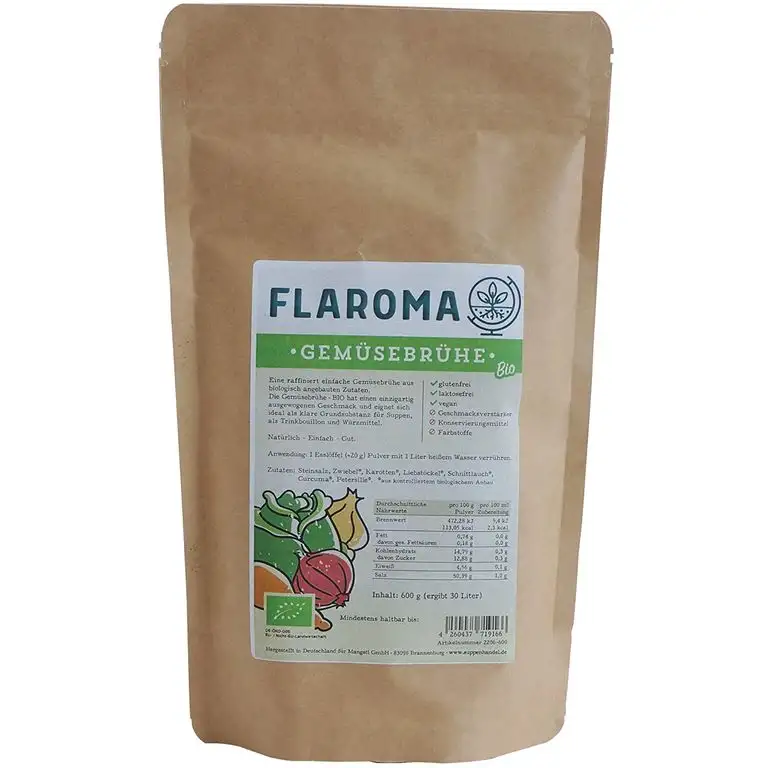 BIO Gemüsebrühe 600g - 30L, ohne Geschmacksverstärker, kein Glutamat, Hefeextrakt, glutenfrei, laktosefrei, vegan, als Brühe und Gewürz - Flaroma Suppenhandel
