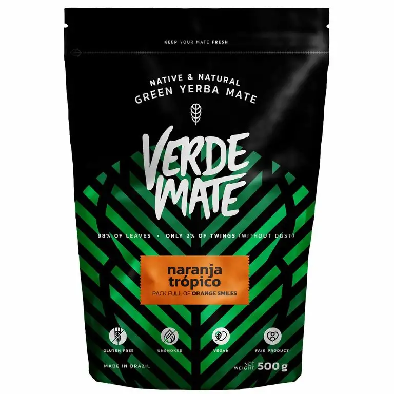 Mate Tee Verde Mate Green Naranja Tropico Verde Mate Grün Tropisches Orange anregender Mate Tee aus Brasilien Aromatisierter Mate Tee Glutenfrei (500g)