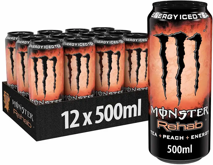 Monster Energy Rehab Peach mit Tee Extrakten & Pfirsich Geschmack - ohne Kohlensäure, 2in1 Energie Getränk & Eistee!, Energy Drink Palette, EINWEG Dose (12 x 500 ml)