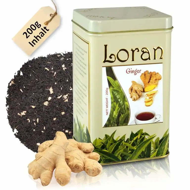 LORAN - Schwarzer Tee lose mit Ingwer 200g, Vital Tee, Gewichtsreduzierender Tee, Premium Qualität, Ceylon Tee schwarz aus Sri Lanka, lose in Tee Dose, Ingwerstückchen und natürliches Ingwer-Aroma