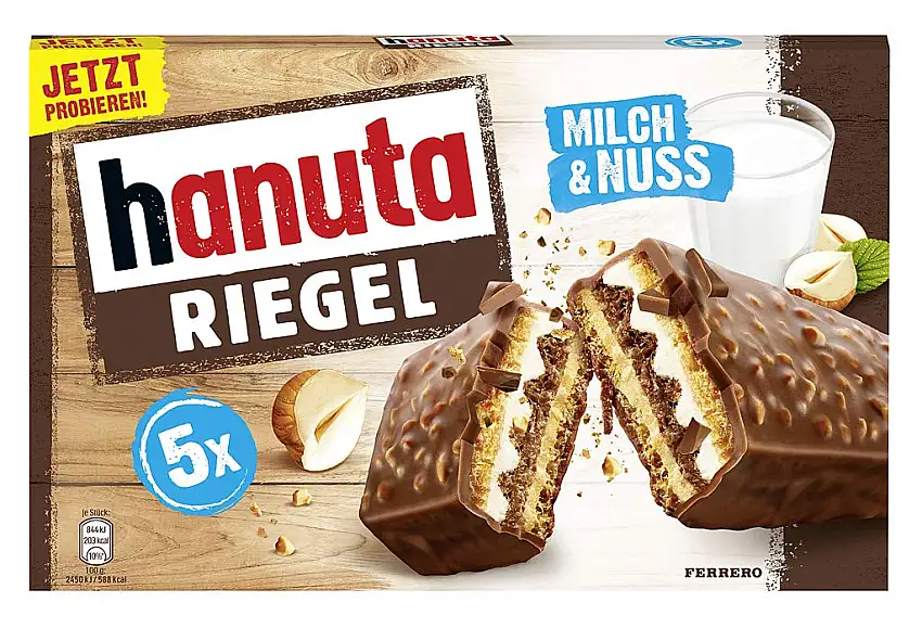 hanuta Riegel - 5er Packung (5 Riegel à 34,5g), mit einzeln verpackten Riegeln, leckerer Schokoriegel aus Waffel, Milch und Haselnuss, ohne Farbstoffe und Konservierungsstoffe