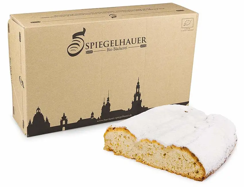 Bio Mandelstollen 1 kg aus Dinkelmehl - Christstollen ohne Rosinen weizenfrei im Geschenkkarton