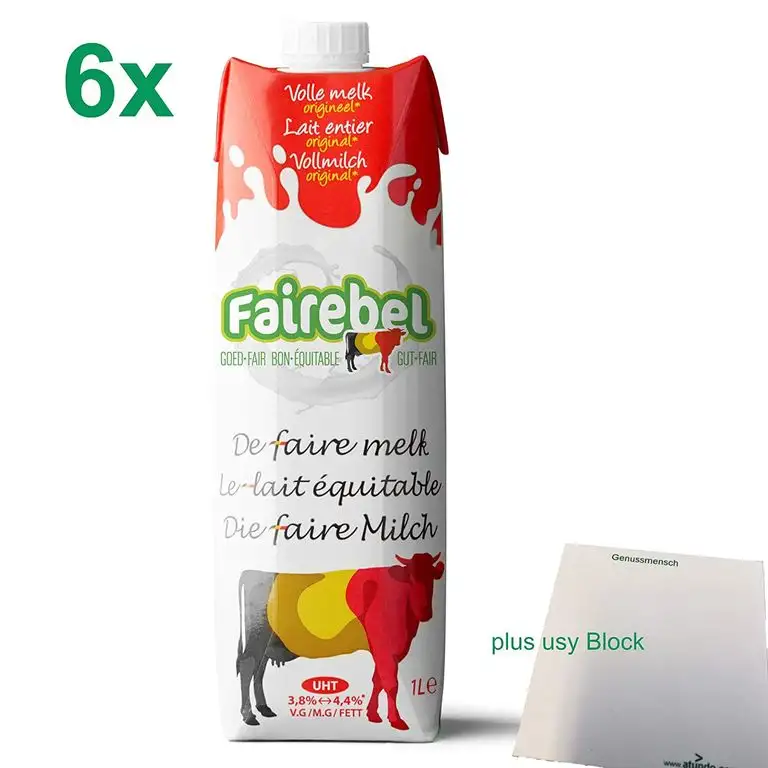 Fairebel die faire Milch Vollmilch 3,8 - 4,4 % Fett UHT (6x 1 Liter) + usy Block