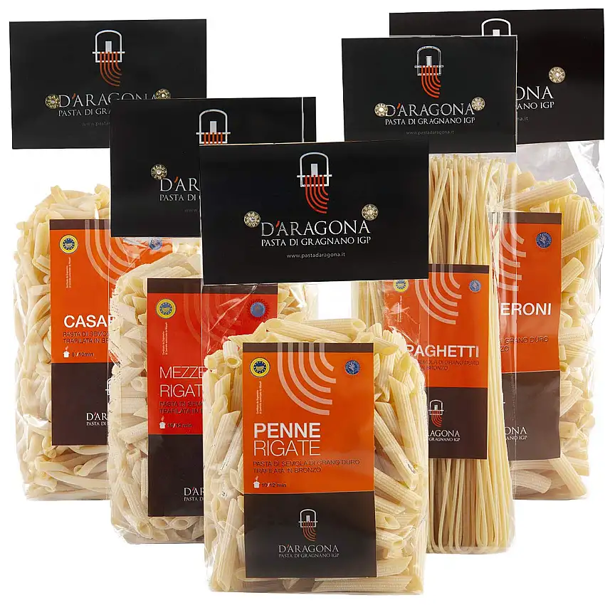 PASTA D'ARAGONA GRAGNANO IGP - PAKET PROCIDA Gemischte Formate 5 x 500 GR. Italienische Exzellenz, Pasta Hartweizengrieß Bronze-Schublade (Maccheroni, Penne, Mezze Penne, Spaghetti, Casarecce)