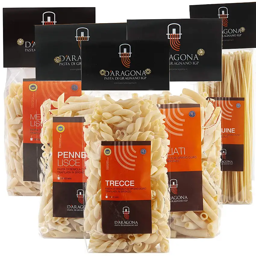 PASTA D'ARAGONA GRAGNANO IGP - PAKET PAESTUM Gemischte Formate 5 x 500 GR. Italienische Exzellenz, Pasta Hartweizengrieß Bronze-Schublade (Penne Lisce, Mezze Penne Lisce, Ziti, Trecce, Linguine)