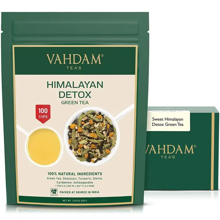 VAHDAM, Süßer Himalaya Detox Grüner Tee Loses Blatt (100 Tassen) | 100% NATÜRLICHER DETOX TEE | Green Tea, Stevia, Kurkuma, Shatavari, Kardamom, Ashwagandha | Detox Tee zum Abnehmen| Abnehmtee | 200gr