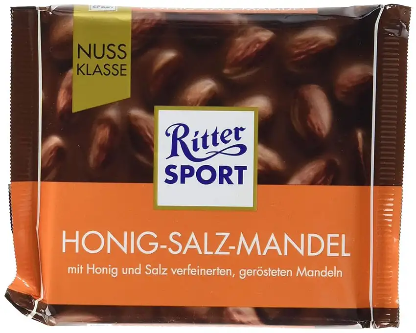 RITTER SPORT Honig-Salz-Mandel (100 g), ganze Mandeln in Vollmilchschokolade, verfeinert mit Honig und Salz, einzigartig im Geschmack
