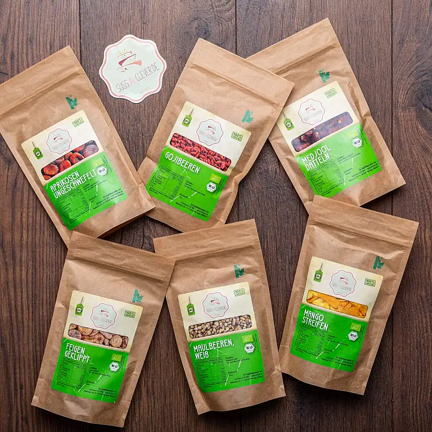 süssundclever.de® Bio Set: "Trockenfrüchte" | 6 x 100 g | Medjool, Mango, Maulbeeren, Feigen, Aprikosen & Gojis | plastikfrei und ökologisch-nachhaltig abgepackt