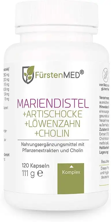 FürstenMED® Mariendistel Artischocke Löwenzahn & Cholin - Leber Komplex Hochdosiert mit 80% Silymarin - 120 Vegane Kapseln - Laborgeprüft & Ohne Zusatzstoffe